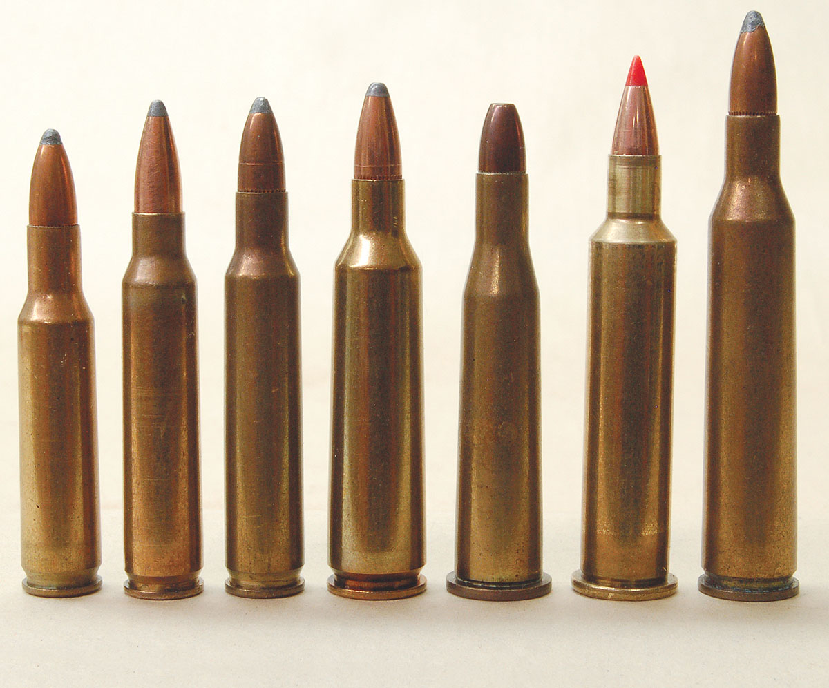 Varmint cartridges from the 1950s, from left: 222 Remington, 223 Remington, 222 Remington Magnum, 22-250, 219 Zipper, 22-30-30 (aka 22-30) and 220 Swift.